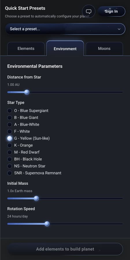 The builder's configuration panel on the Environment tab, headed Environmental Parameters. A Distance from Star slider reads 1.00 AU. Below it a Star Type list of ten radio buttons — O Blue Supergiant, B Blue Giant, A Blue-White, F White, G Yellow (Sun-like) which is selected, K Orange, M Red Dwarf, BH Black Hole, NS Neutron Star, SNR Supernova Remnant. Then an Initial Mass slider at 1.0x Earth mass and a Rotation Speed slider at 24 hours per day.