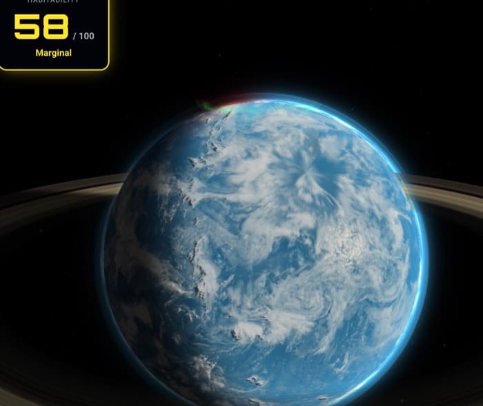 A finished planet in the 3D view: a blue ocean world wrapped in white cloud swirls, lit from the left, with a faint ring circling it edge-on and a thin band of aurora glowing green and red at its northern pole. In the top-left corner a panel reads Habitability 58 out of 100, Marginal.