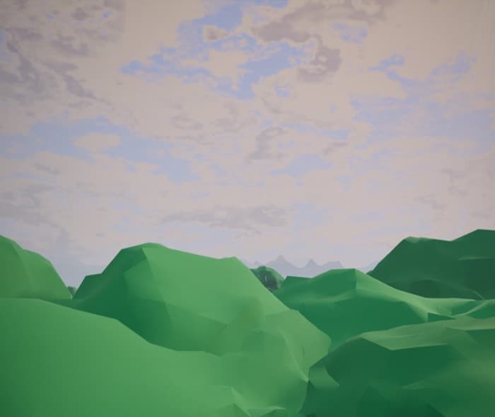 A first-person view standing on a planet's surface: tall dark-trunked trees with dense green canopies on a low rise, mossy green boulders in the foreground, blades of grass close to the camera, a stream running between the rocks, faint blue mountains on the horizon and a small white sun in a pale, hazy sky.